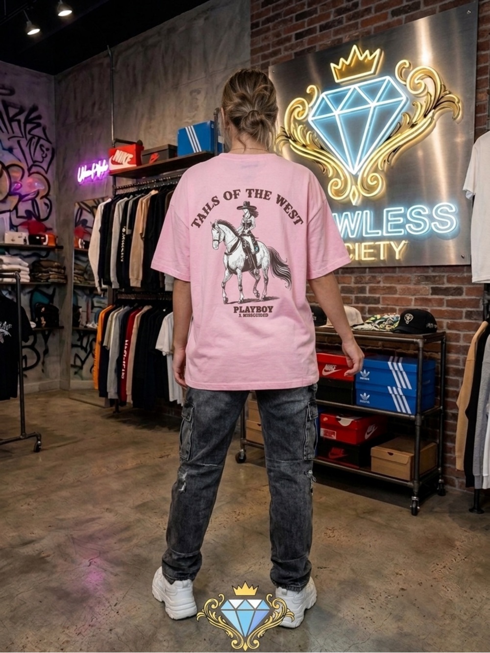 Playboy x MISSGUIDED Pink Oversized Graphic Tee | Tails of the West | Size Large
